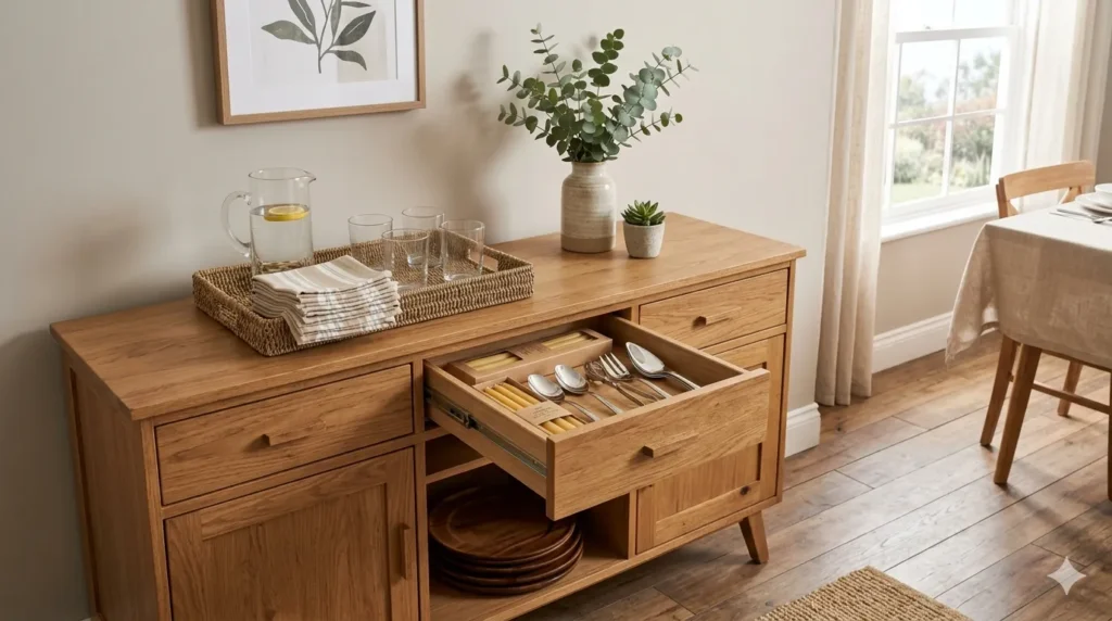 How to design a dining room that works for everyday and entertaining – step 4: sideboard with serving items and storage for entertaining essentials.