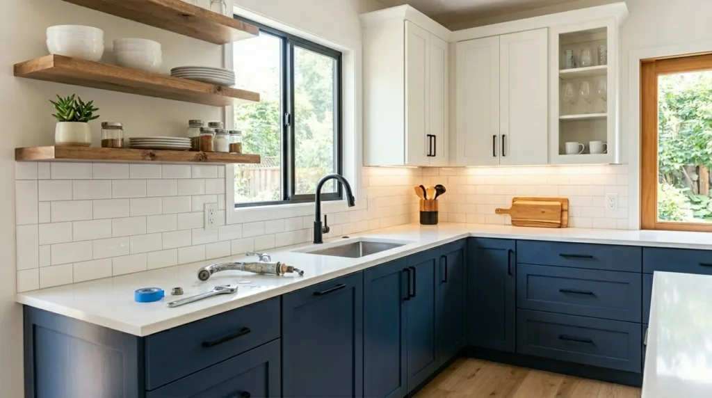 10 kitchen makeover ideas under $1,000 – step 3: installing a white subway tile peel-and-stick backsplash.