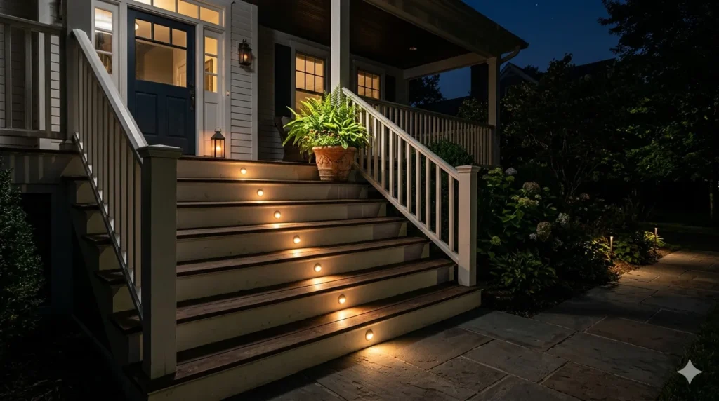 Exterior lighting ideas that boost curb appeal at night – step 4: recessed step lights illuminating porch stairs
