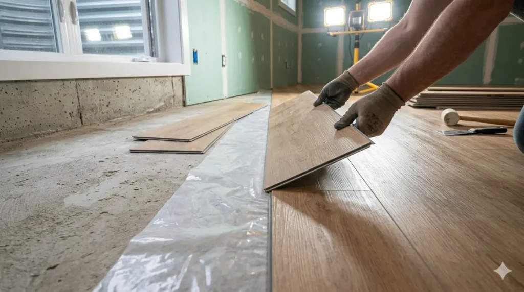 How to convert a basement into a living space – step 4: installing luxury vinyl plank flooring with vapor barrier and green board drywall.