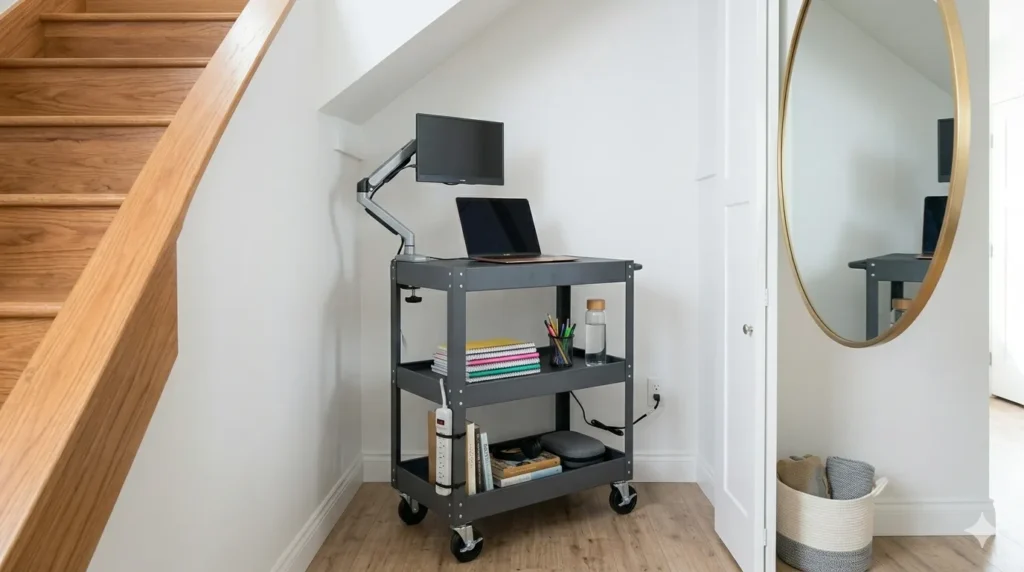 Home office in a small space: creative solutions – step 4: rolling utility cart used as a mobile laptop desk with storage.