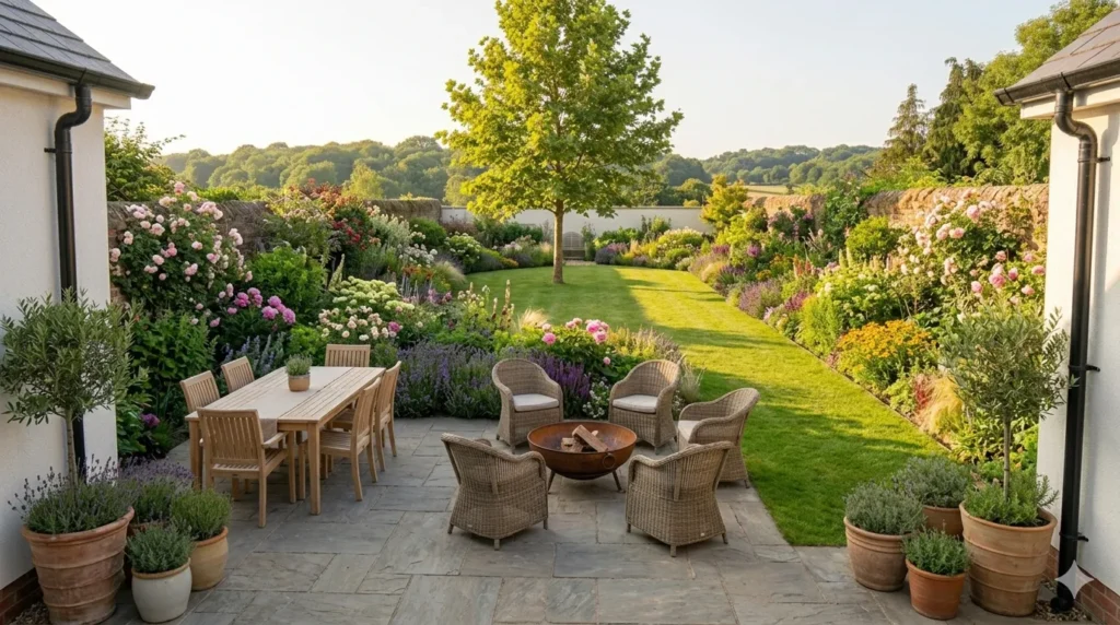 Garden layout ideas for rectangular plots – right-angle layout with L-shaped patio in the corner and diagonal lawn.