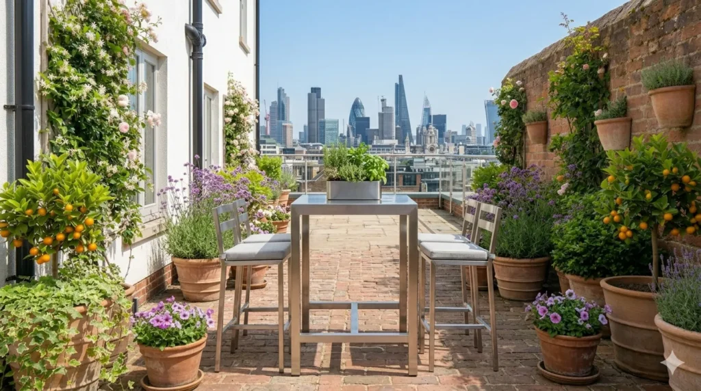 Best outdoor furniture materials for all weather – stainless steel bar table and stools on a modern rooftop patio.