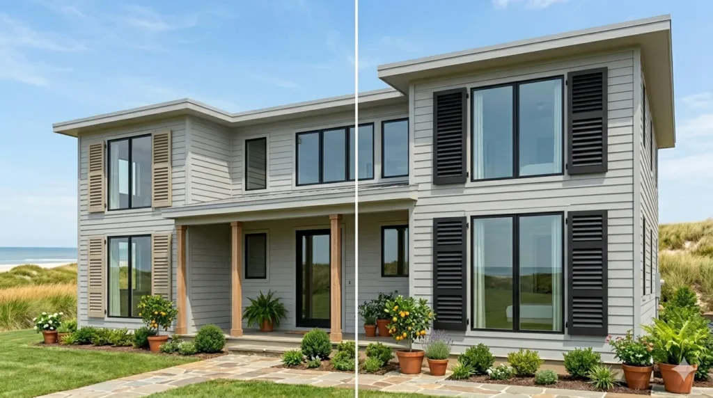 Shutters on modern homes do they still work – step 4 color comparison showing outdated beige shutters versus modern charcoal black shutters.