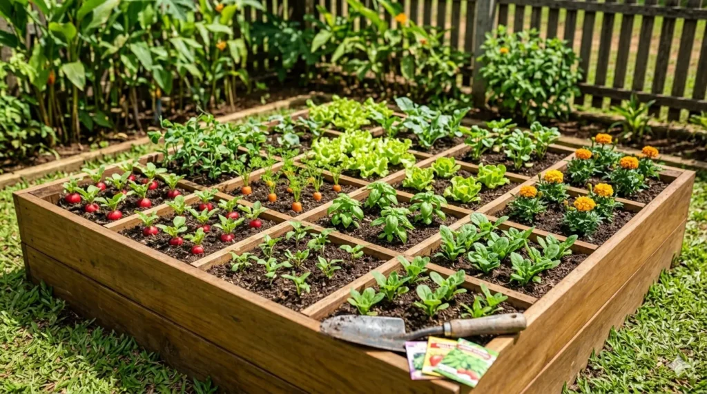Raised bed vegetable garden ideas and layouts – square foot gardening grid with 16 one‑foot squares each planted with different vegetables.