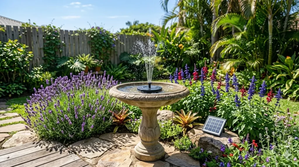 How to add a water feature to a small garden – solar fountain in a stone birdbath surrounded by lavender and salvia.