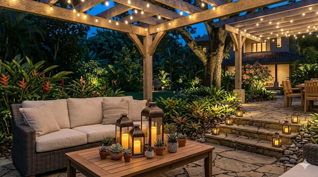 How to light a garden for evenings and entertaining – step 4 mixed-height lanterns with candles on a patio table and steps.