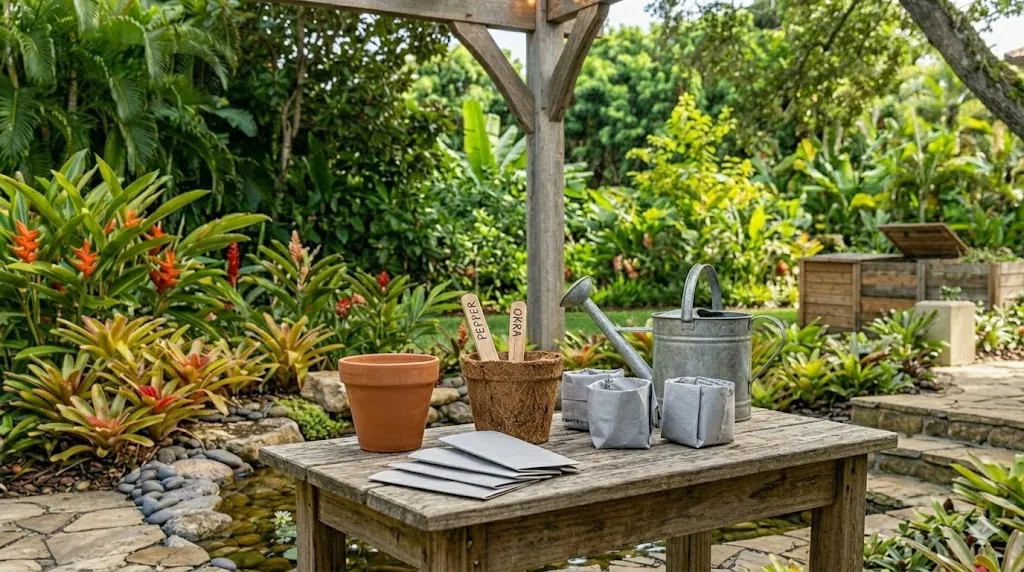 How to create a zero-waste garden– step 4 reusable and biodegradable options including terracotta pot, coir pot, newspaper pot, and wooden labels.