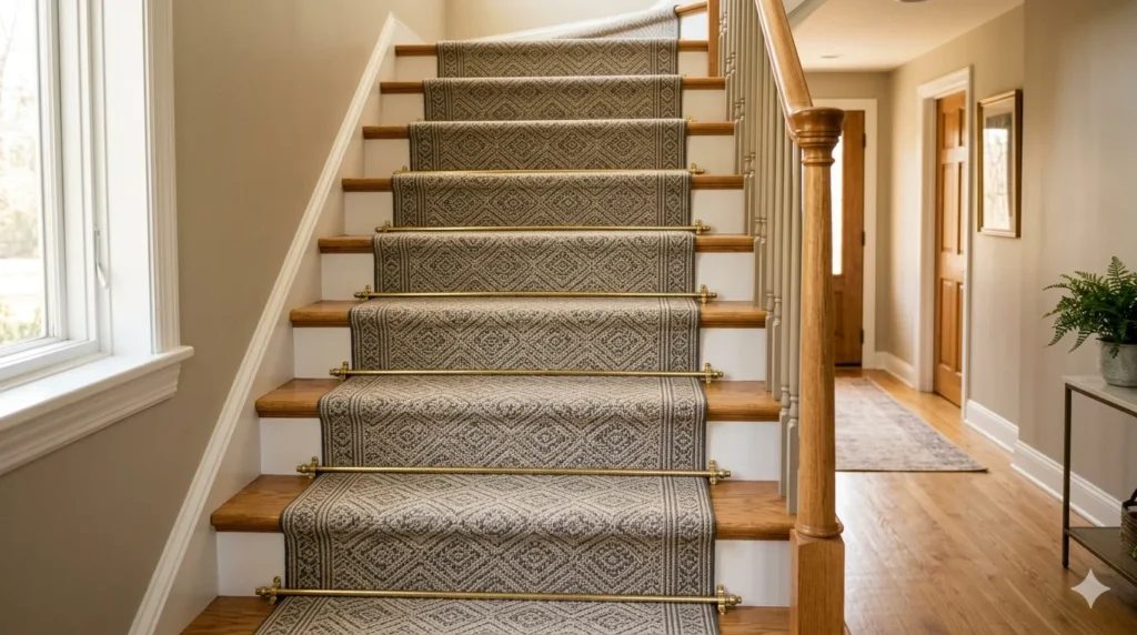 How to update a dated staircase without replacing it – step 4: adding a patterned stair runner with brass stair rods.