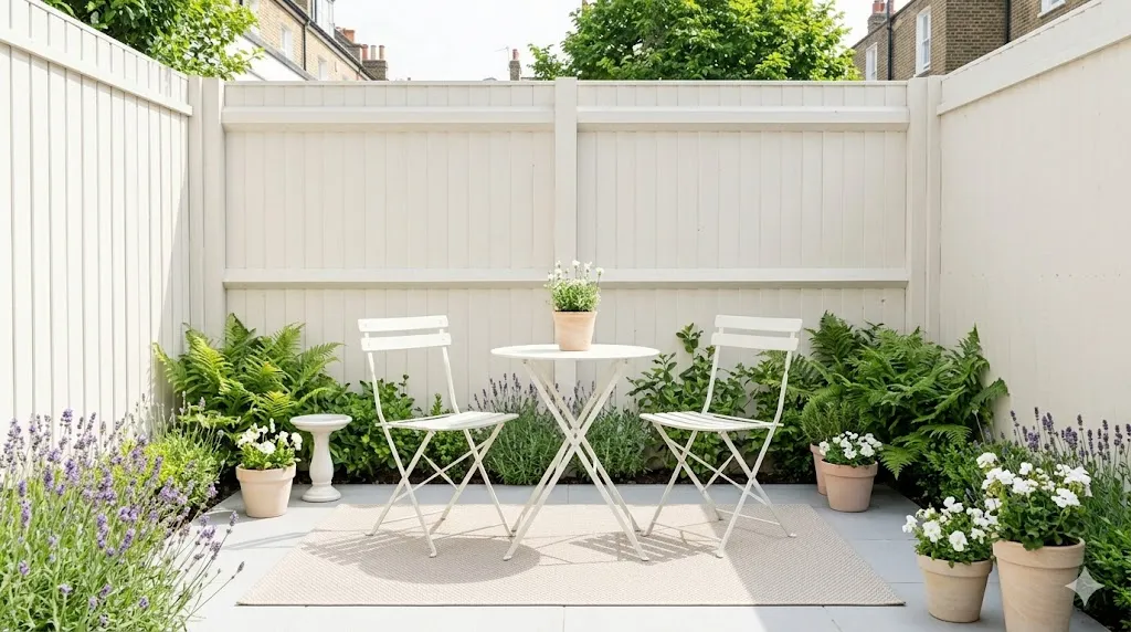 How to make a tiny garden feel bigger – step 4 light colored patio with warm white fence, pale paving, small bistro set, and white flowers.