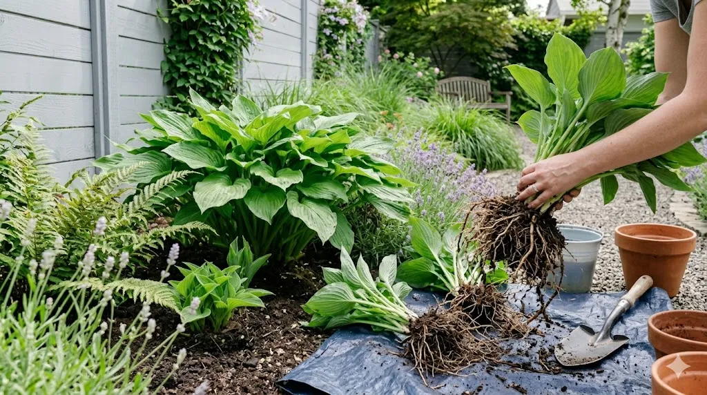 Spring Garden Refresh – step 4 hands dividing a hosta clump into smaller sections for replanting.