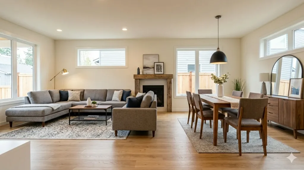 How to style an open-plan dining and living area – step 4 fireplace as main focal point in living zone, arched mirror as secondary focal point in dining zone.