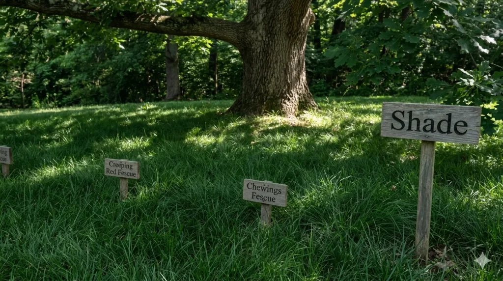 Best grass seed types for shade and sun – step 4 fine fescues thriving in dense shade under a large oak tree.