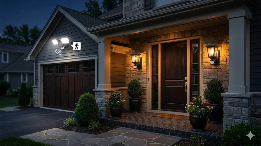 Best solar-powered exterior lights – step 3 solar pathway lights along a stone walkway at dusk with warm golden glow.