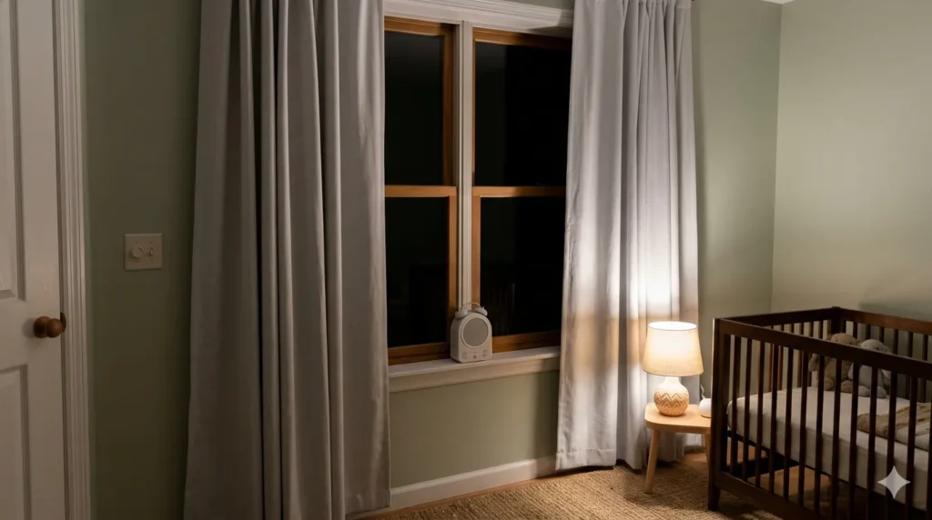How to design a nursery that grows with your child – step 4: blackout curtains, white noise machine, and dimmer switch for sleep at any age.