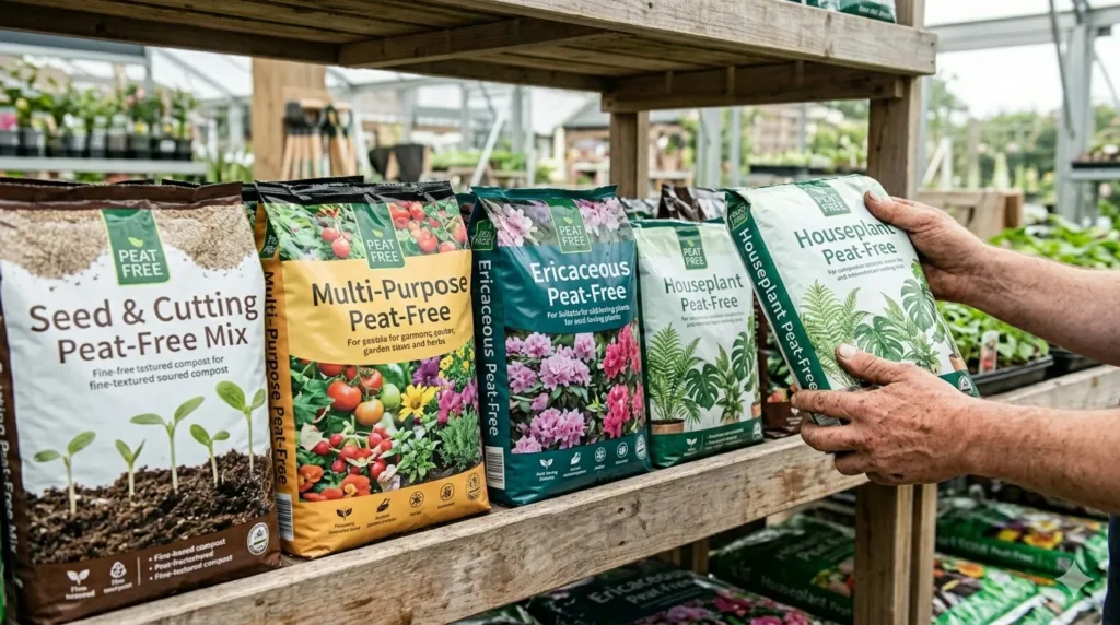 Peat-free gardening alternatives and benefits – step 4 choosing the right peat-free compost with different varieties on a garden center shelf.
