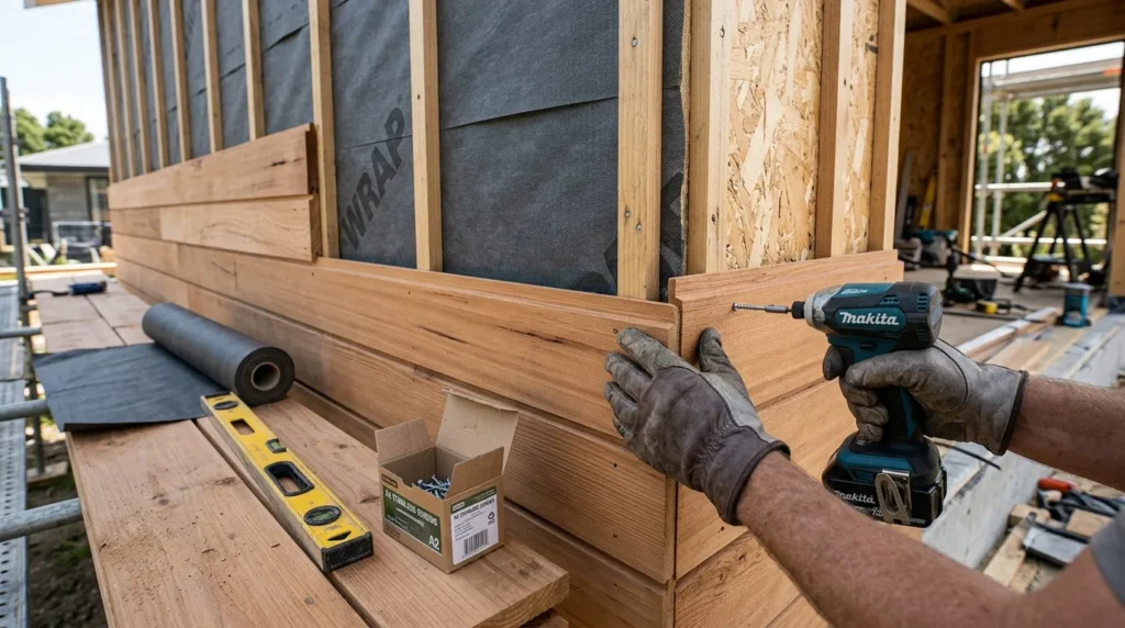 Wood cladding maintenance – hands installing stainless steel fixing through cedar plank into furring strip for proper airflow.