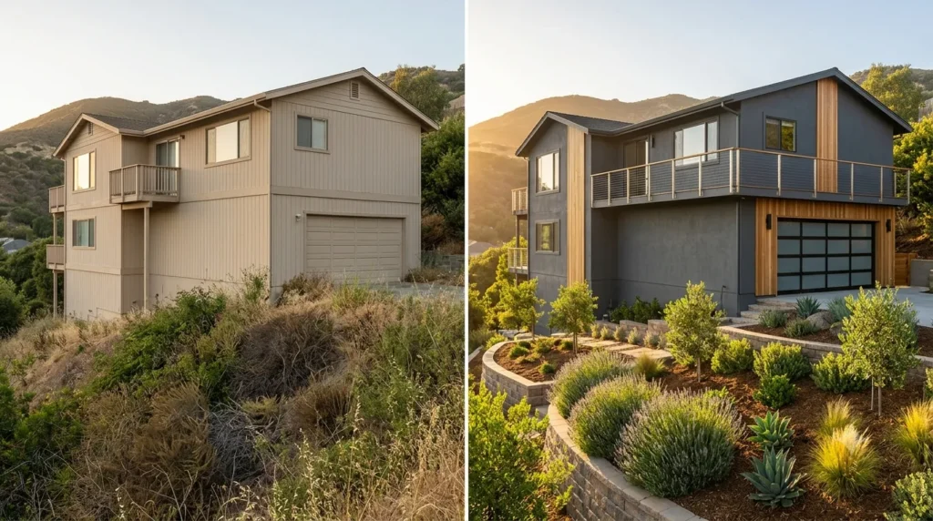 Before and after dramatic curb appeal transformations – 1970s contemporary home updated with black siding, horizontal cladding, and red garage door.