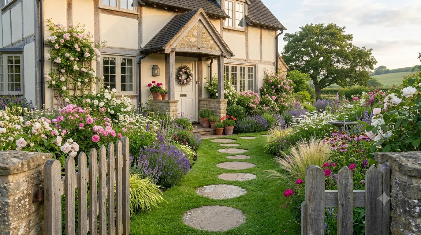 Paved pathway ideas from gate to front door – gravel path with stepping stones and metal edging leading to a blue cottage door.