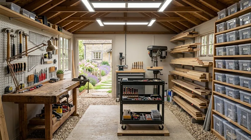 Workshop shed design and layout ideas – step 4 essential workshop features: workbench, pegboard, storage bins, window, and rolling cart.