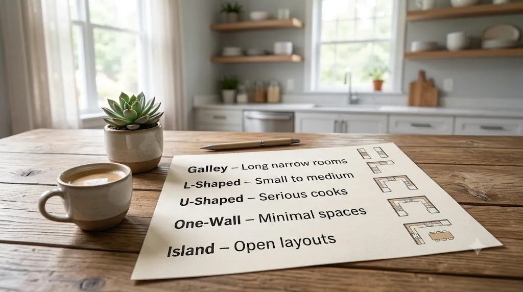 Small kitchen layout ideas that maximize every inch – quick reference cheat sheet for galley, L-shaped, U-shaped, one-wall, and island kitchens.