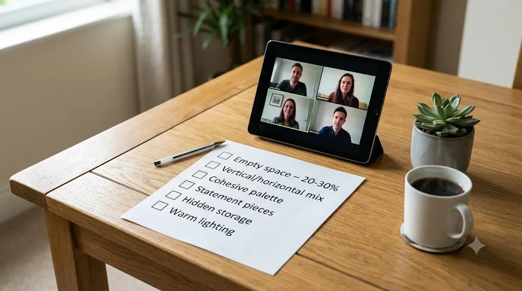 Home office bookshelf styling for video calls – Zoom-ready styling checklist with video call on tablet.