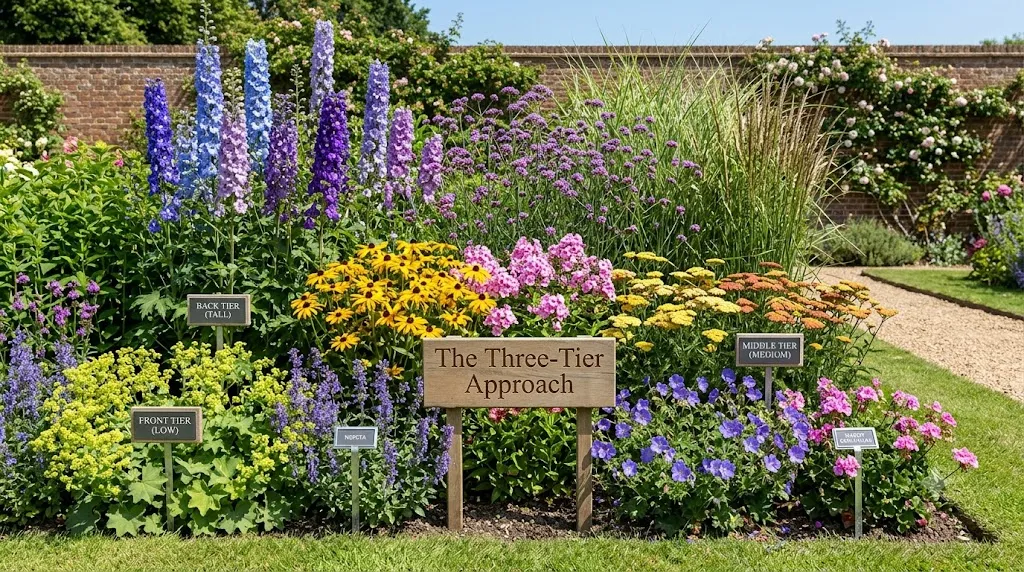 Perennial border ideas that look good every season – three-tier approach with tall delphiniums, medium rudbeckia, and low alchemilla.