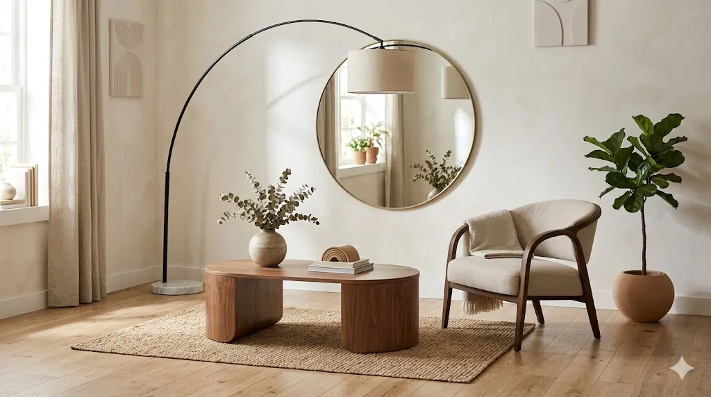 How to create a cohesive interior style across every room – step 4: a curved shape language with round mirror, arched lamp, oval table, curved chair.