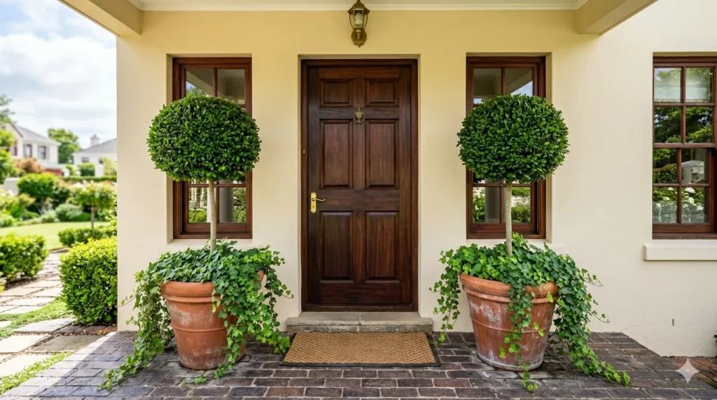 How to design a welcoming front porch from scratch – step 4: symmetrical evergreen planters flanking the front door.