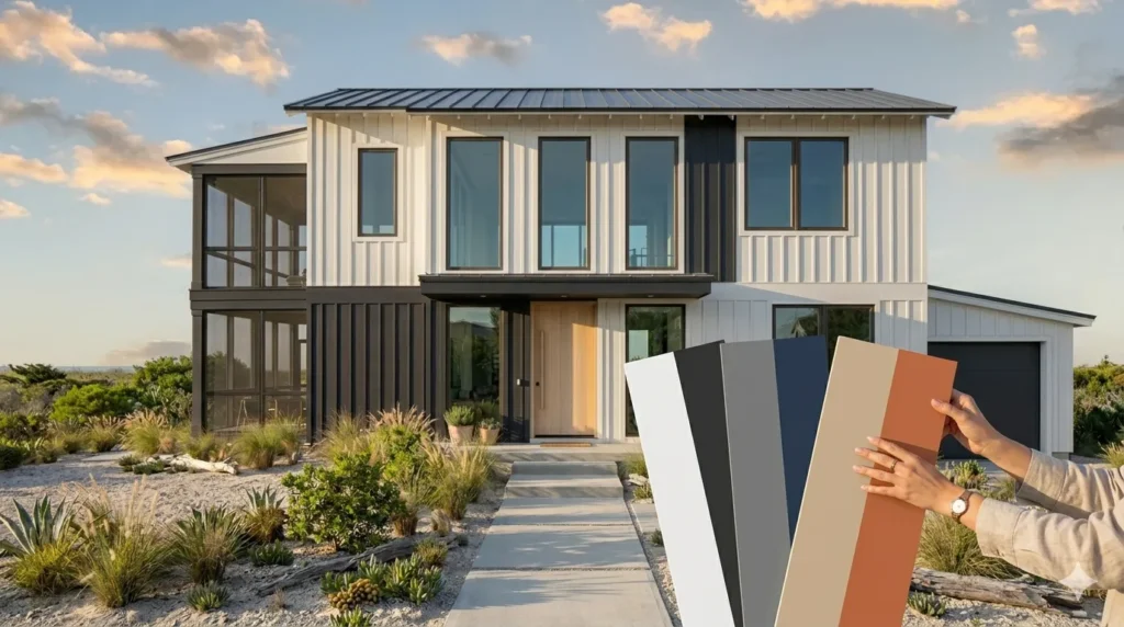 Two-tone exterior paint ideas for modern homes – step 4: testing paint colors on foam boards leaning against a house in afternoon light.