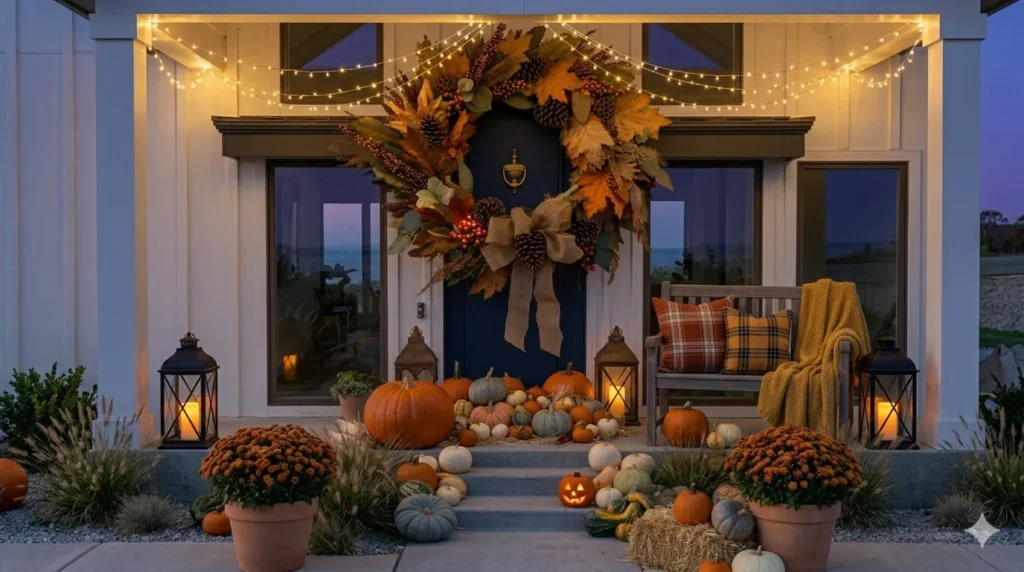 How to decorate your exterior for autumn – step 4: warm lighting with lanterns, string lights, and a glowing pumpkin.