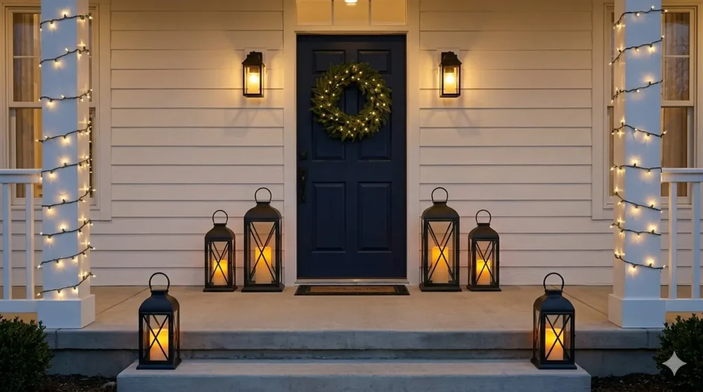 Christmas exterior lighting ideas that look elegant – step 4: black lanterns with flameless candles flanking a front door and steps.