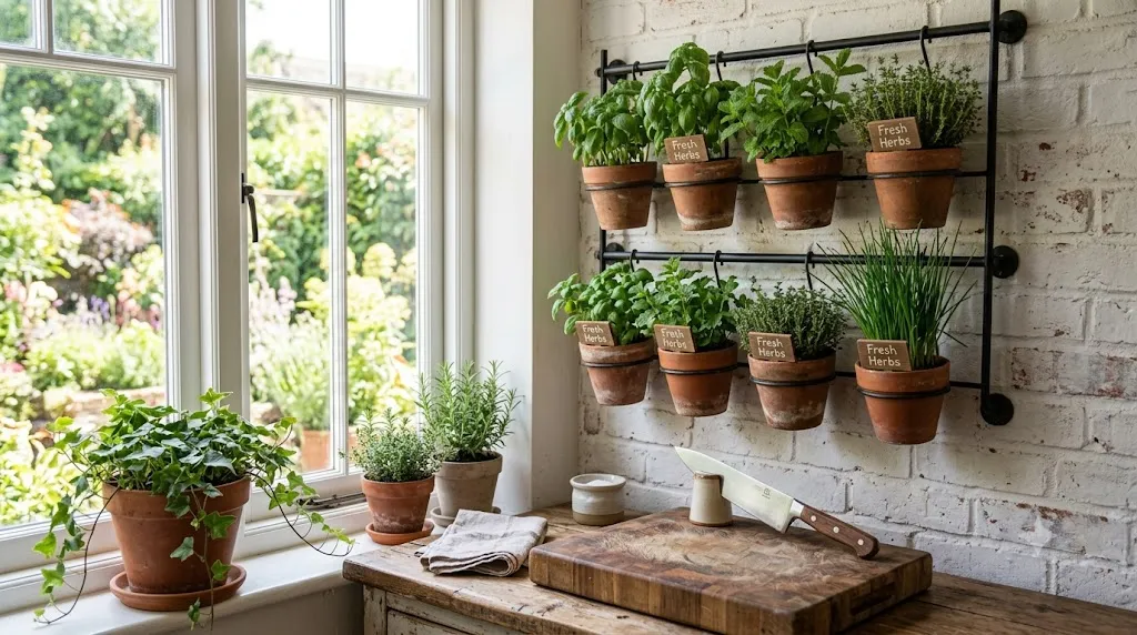 Vertical garden wall ideas for small spaces – kitchen herb wall with basil, mint, thyme, and chives near a sunny window