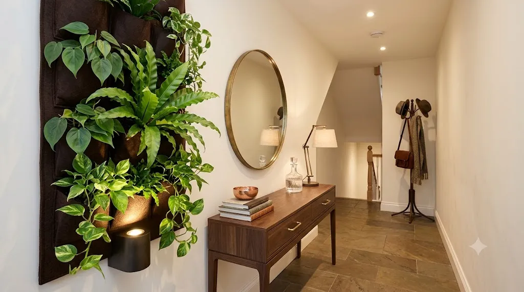 Vertical garden wall ideas for small spaces – entryway vertical garden with low-light plants and uplighting.