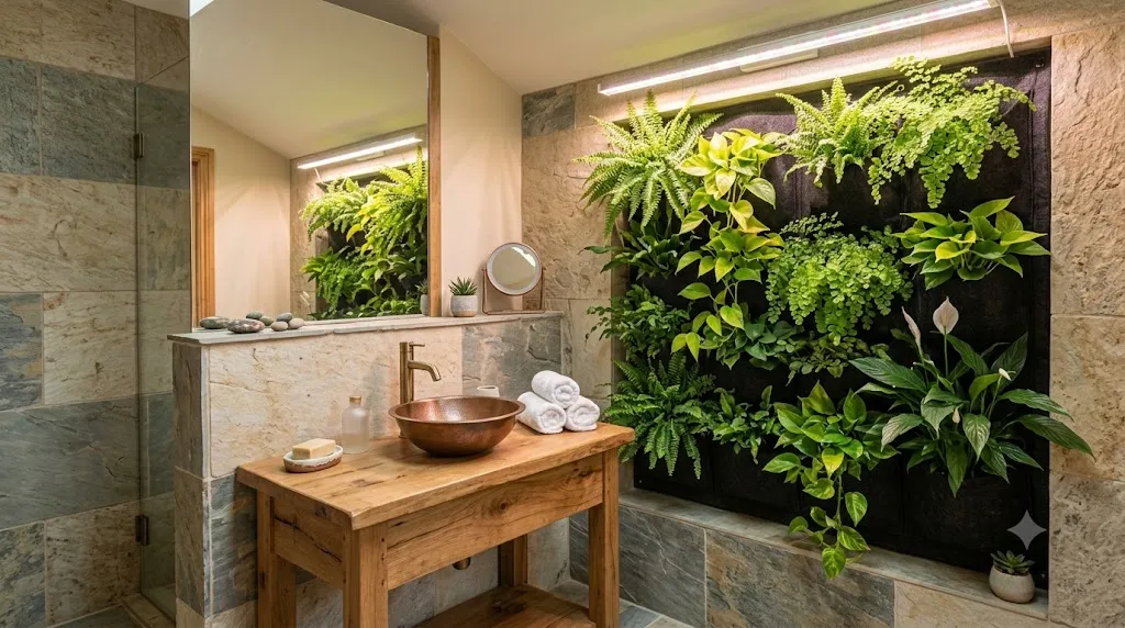Vertical garden wall ideas for small spaces – bathroom living wall with ferns, pothos, and peace lily in a waterproof system.