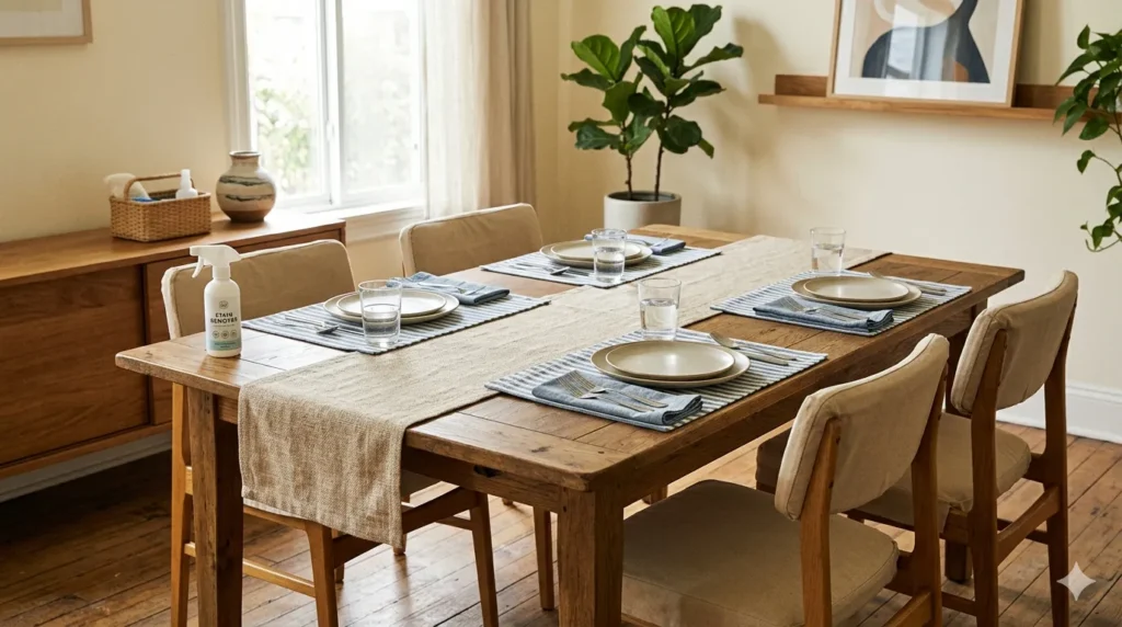 How to design a dining room that works for everyday and entertaining – step 5: washable placemats, runner, and stain spray for easy cleaning.