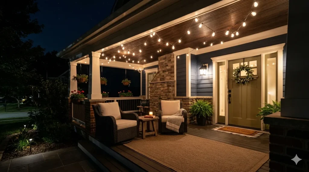 Exterior lighting ideas that boost curb appeal at night – step 5: warm string lights draped across a porch ceiling.