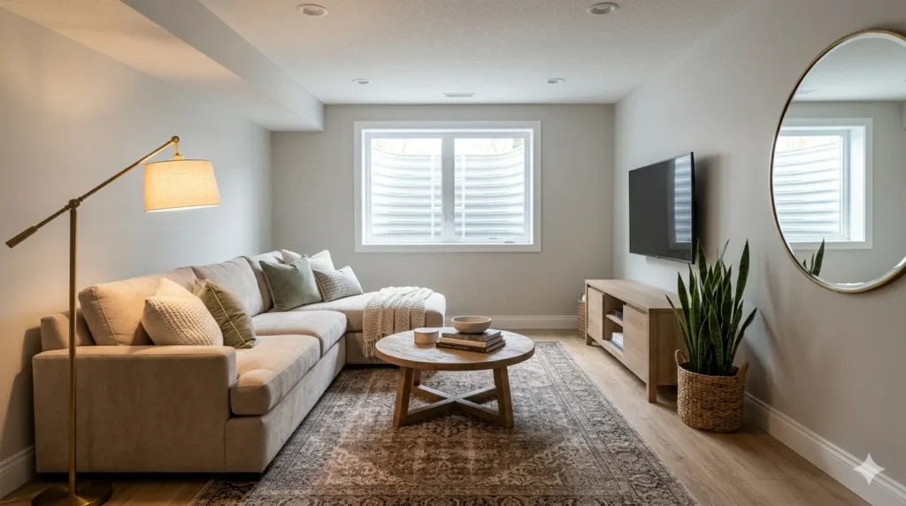 How to convert a basement into a living space – step 5: finished cozy basement with sectional, TV, rug, plant, mirror, and warm lighting.