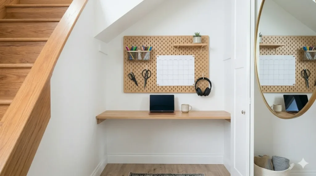 Home office in a small space: creative solutions – step 5: pegboard wall above a small desk for vertical storage of office supplies.