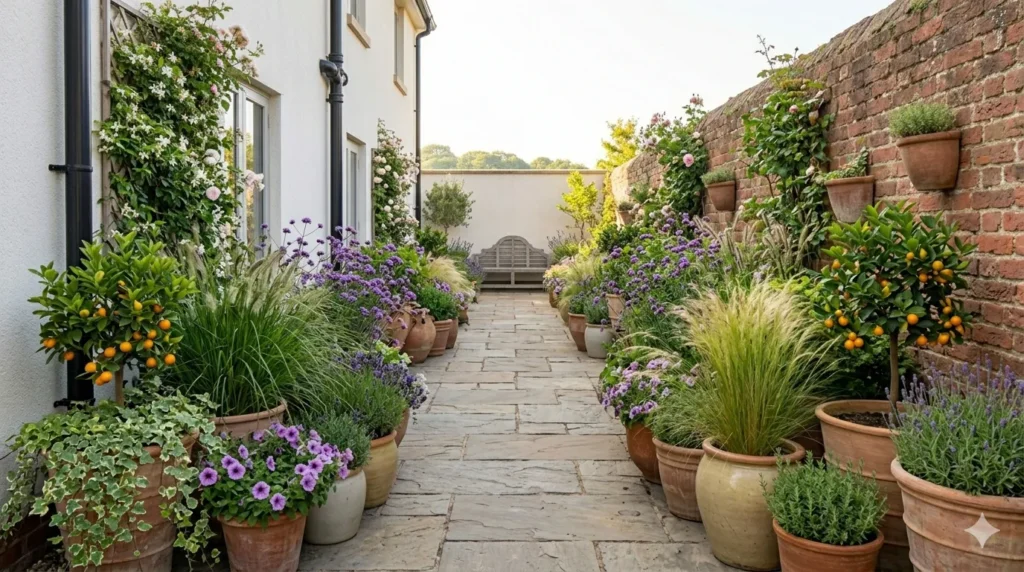 Garden layout ideas for rectangular plots – container garden rows with pots lining both sides of a narrow stone path.