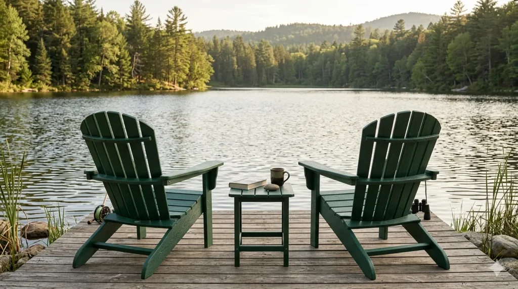 Best outdoor furniture materials for all weather – recycled plastic Adirondack chairs in forest green on a lakeside deck.