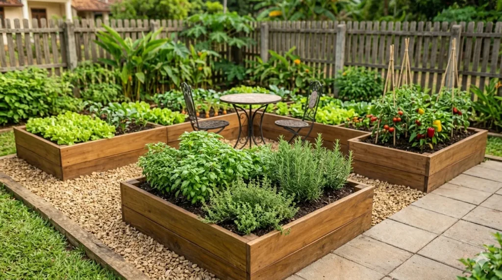Raised bed vegetable garden ideas and layouts – L-shaped raised beds wrapping around a patio with bistro seating and herbs.