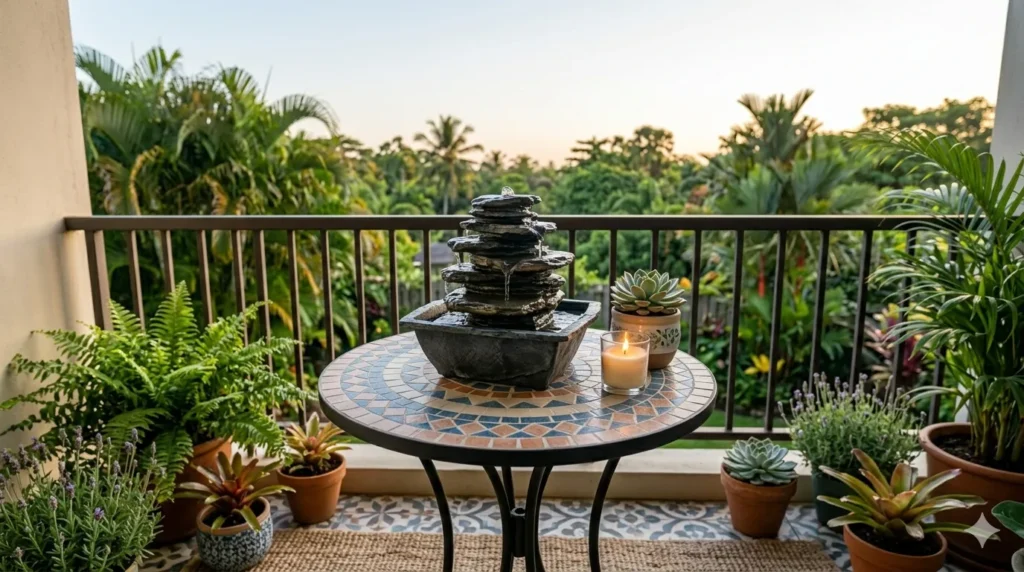 How to add a water feature to a small garden – ceramic tabletop fountain on a balcony table with succulent and candle.