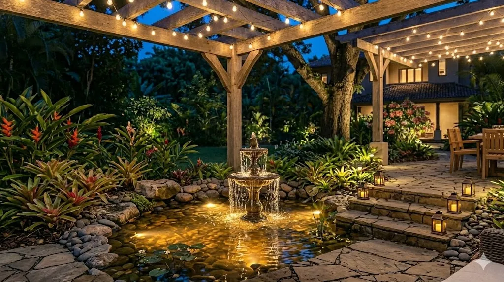 How to light a garden for evenings and entertaining – step 5 submersible lights illuminating a garden pond and fountain at night.