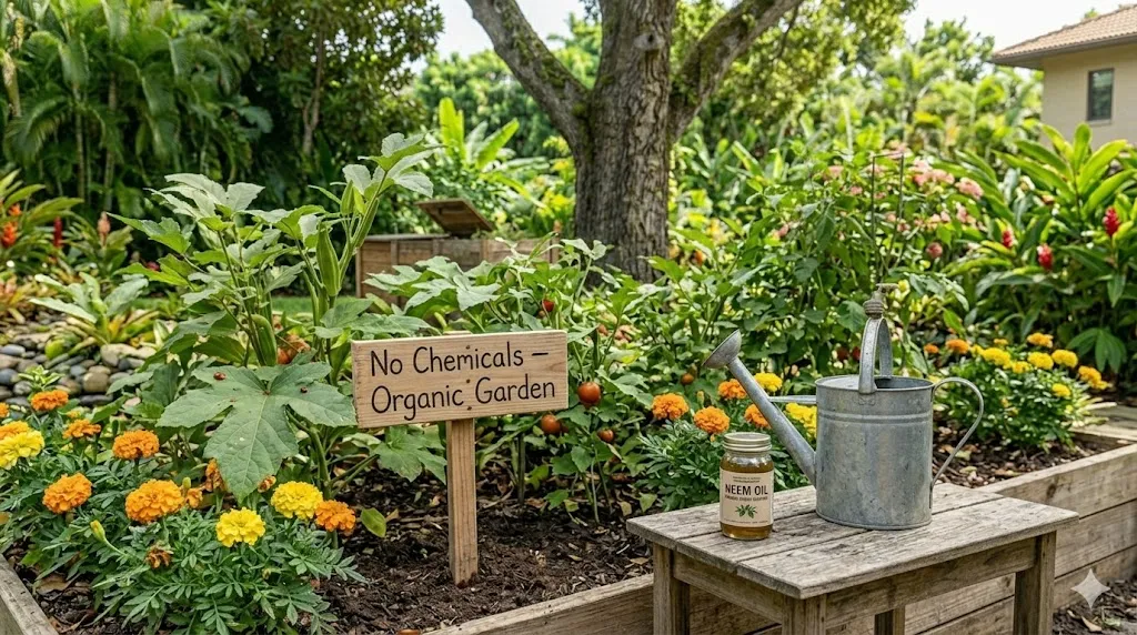 How to create a zero-waste garden– step 5 organic vegetable garden with companion planting marigolds and tomatoes, and neem oil spray.