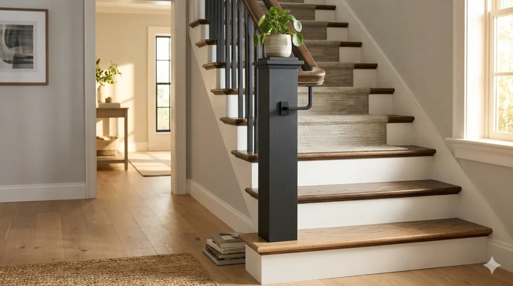 How to update a dated staircase without replacing it – step 5: upgraded newel post painted charcoal black with modern hardware.
