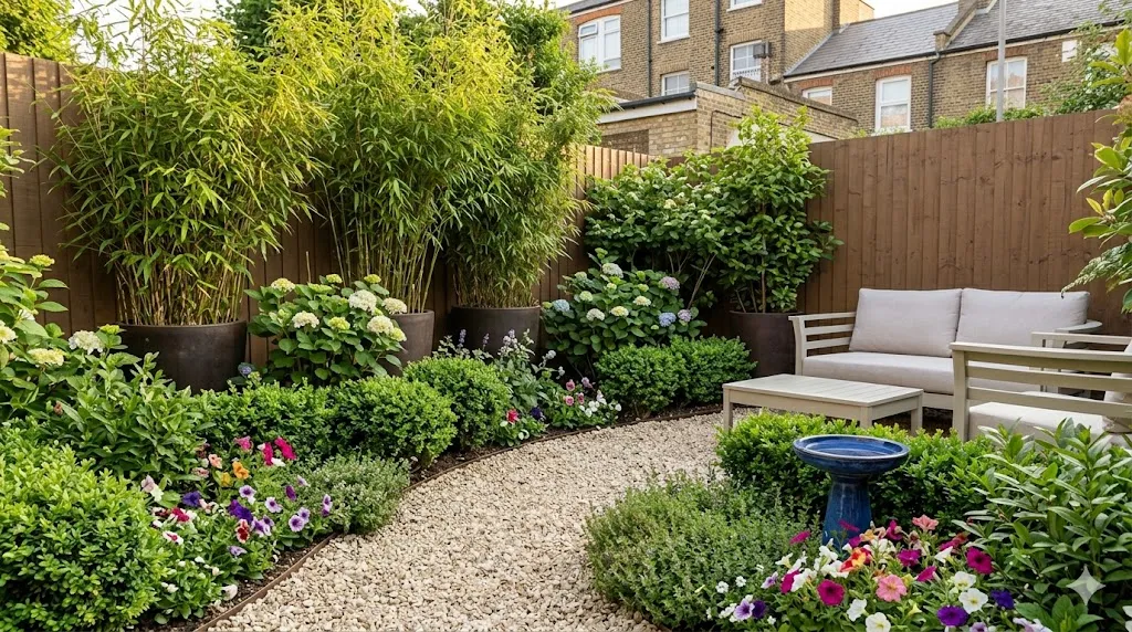 How to make a tiny garden feel bigger – step 5 layered planting with tall bamboo in back, medium hydrangeas, low creeping thyme, and a birdbath focal point.