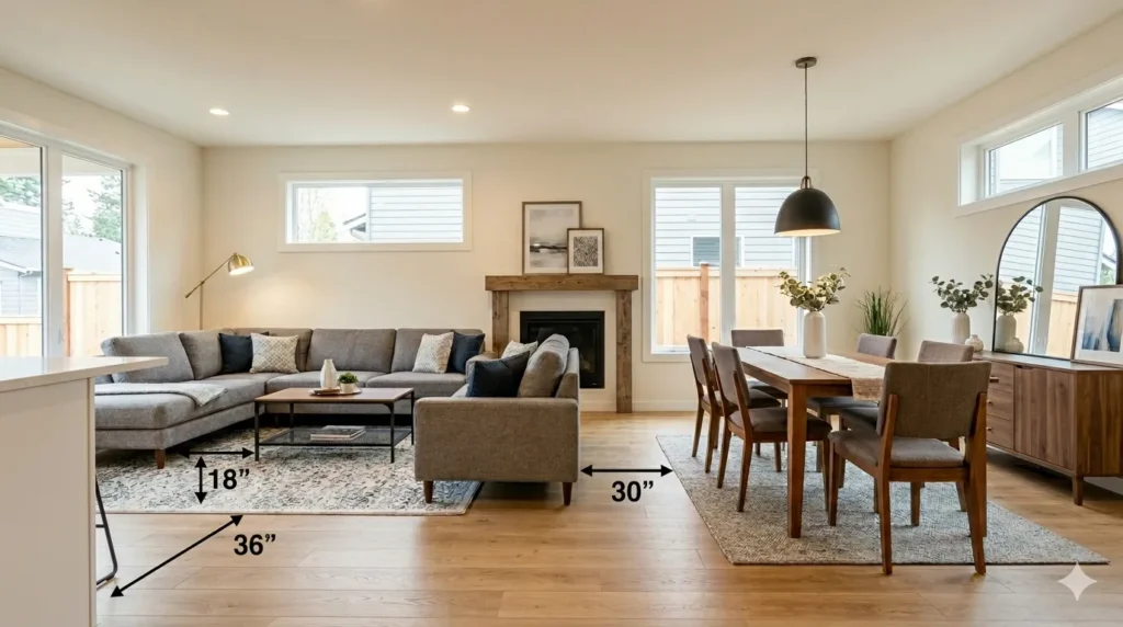 How to style an open-plan dining and living area – step 5 clear pathways showing 36 inch aisle to dining table and 18 inches between sofa and coffee table.