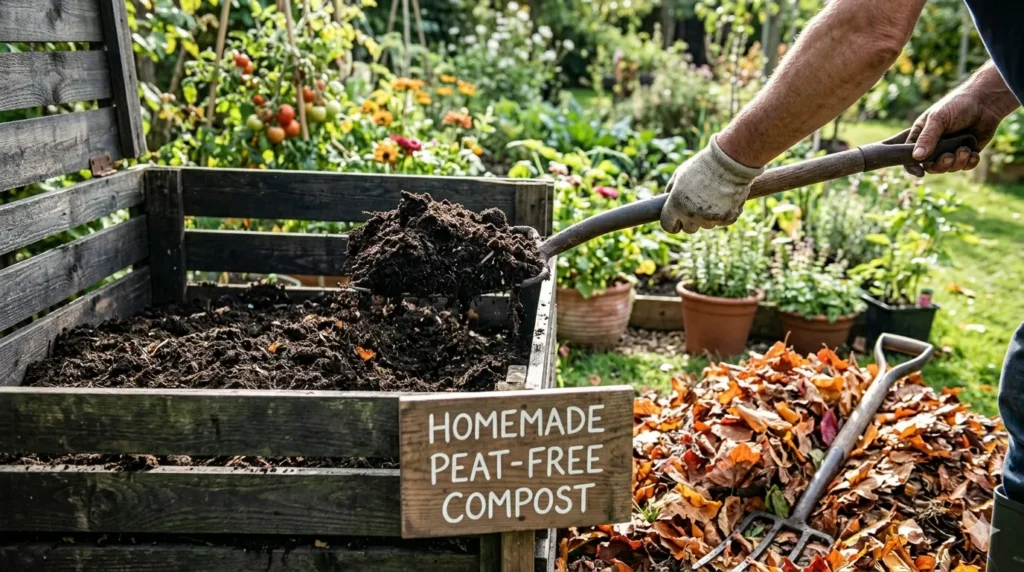Peat-free gardening alternatives and benefits – step 5 homemade compost being turned with a pitchfork in a backyard bin.