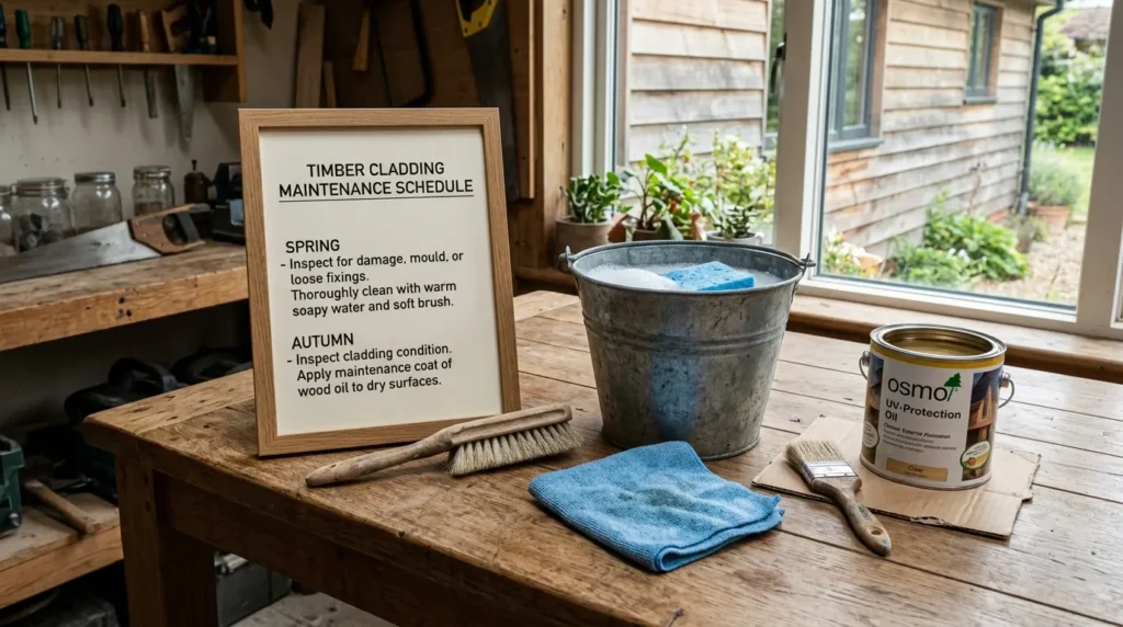 Wood cladding maintenance – annual maintenance schedule with cleaning tools, brush, bucket, and clear wood oil.